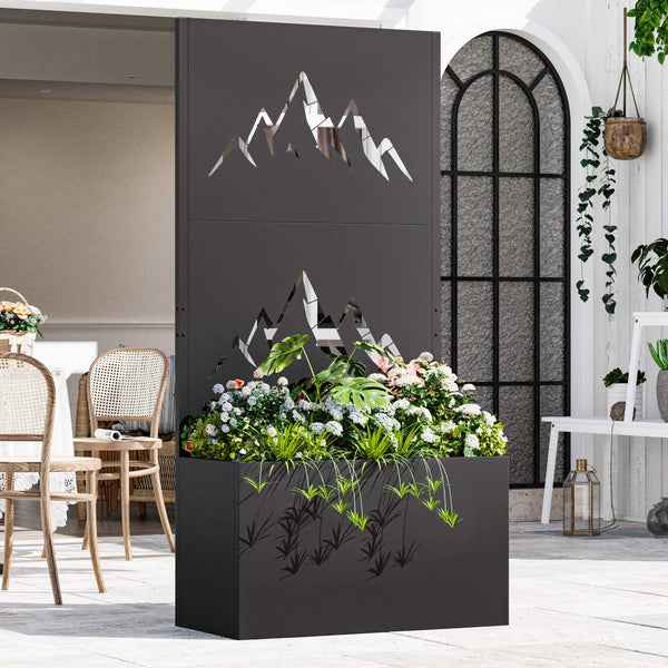 73"x47"x16" Metal Raised Planter Box with Trellis Privacy Screen